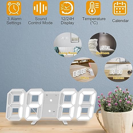 3D LED Digital Wall Clock White