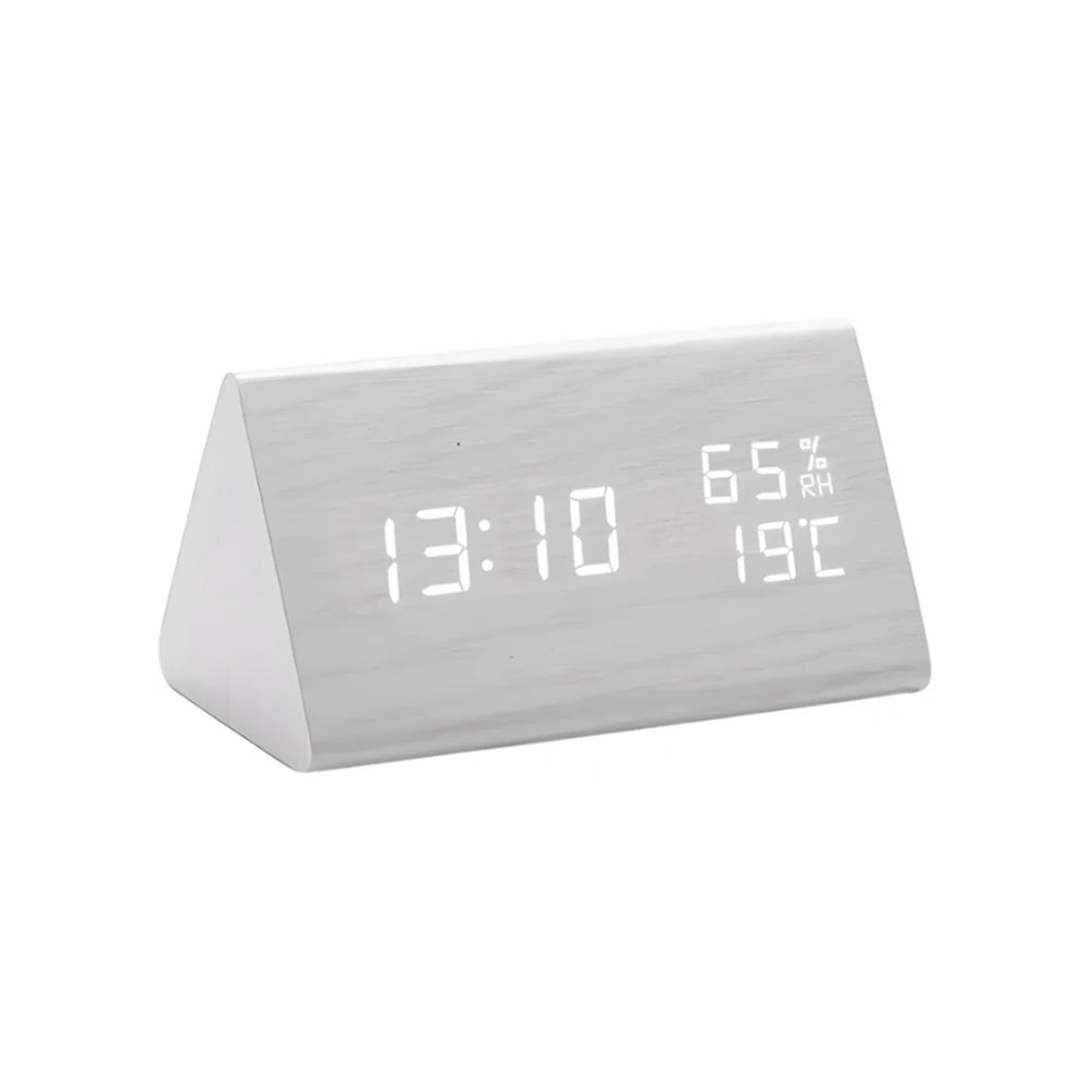Wooden Digital Alarm Clock With Temperature And Humidity Display - White