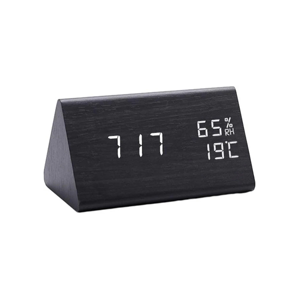 Wooden Digital Alarm Clock With Temperature And Humidity Display - Black