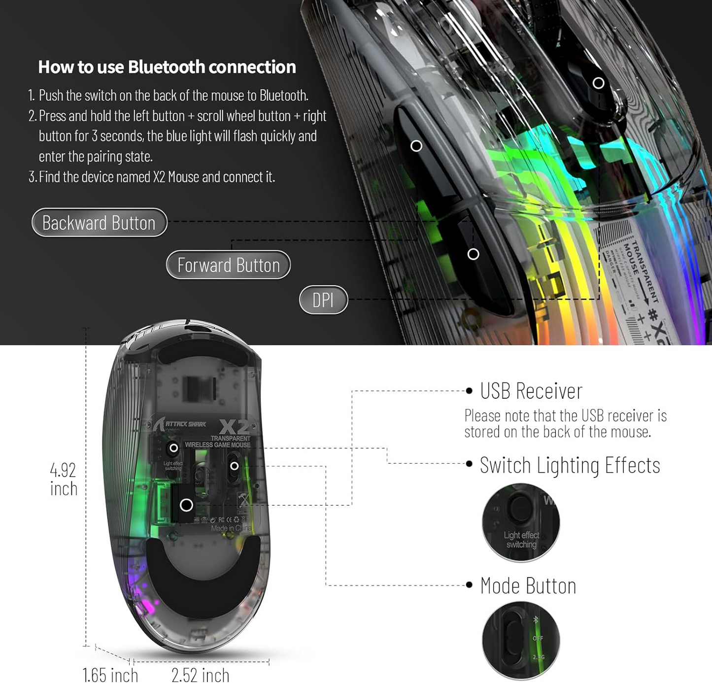 ماوس Attack Shark X2 RGB باللون الأسود 