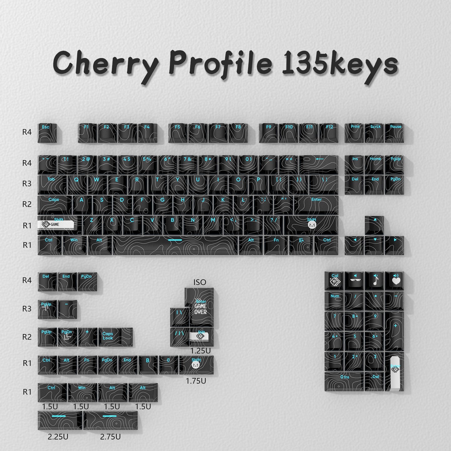 أغطية مفاتيح CHERRY PBT باللون الأسود الطبوغرافي (عادي)