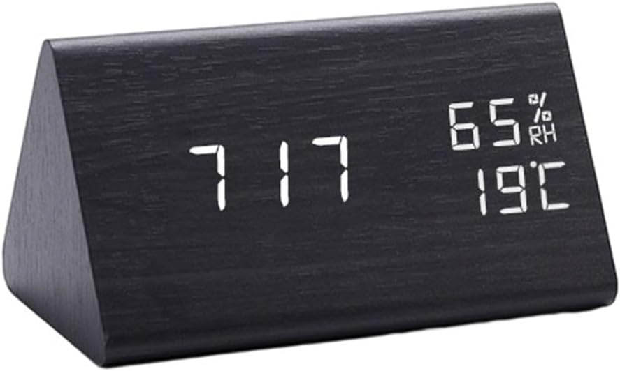 Wooden Digital Alarm Clock With Temperature And Humidity Display - Black